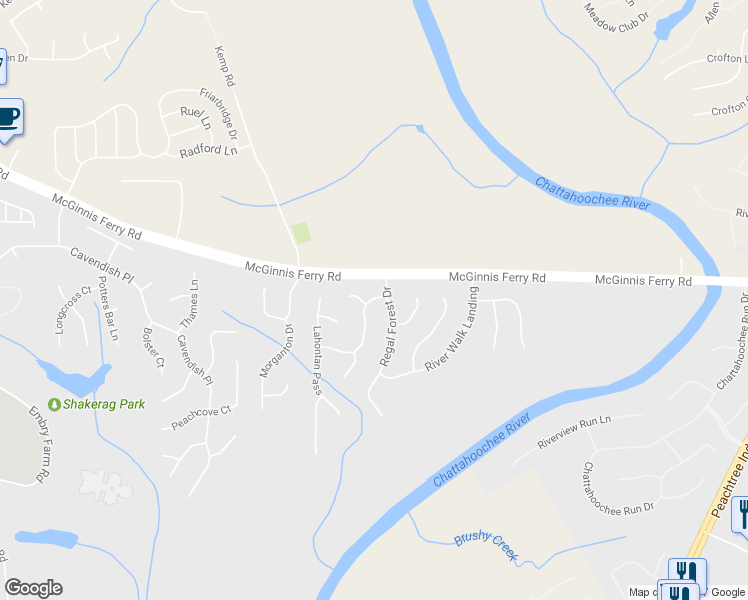 map of restaurants, bars, coffee shops, grocery stores, and more near 11080 Regal Forest Dr in Suwanee