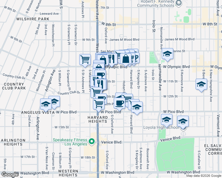 map of restaurants, bars, coffee shops, grocery stores, and more near 1132 South Oxford Avenue in Los Angeles