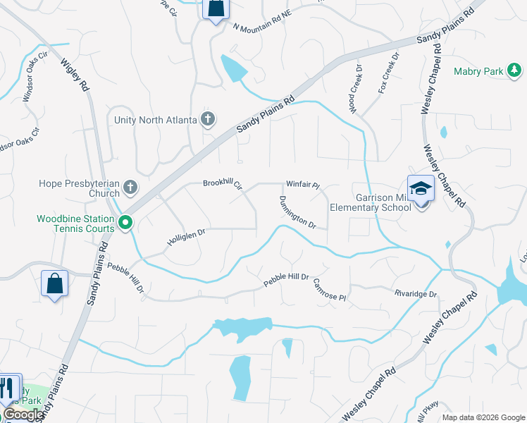 map of restaurants, bars, coffee shops, grocery stores, and more near 3761 Winslow Court in Marietta