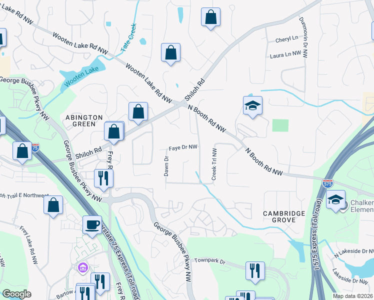map of restaurants, bars, coffee shops, grocery stores, and more near 805 Faye Drive Northwest in Kennesaw