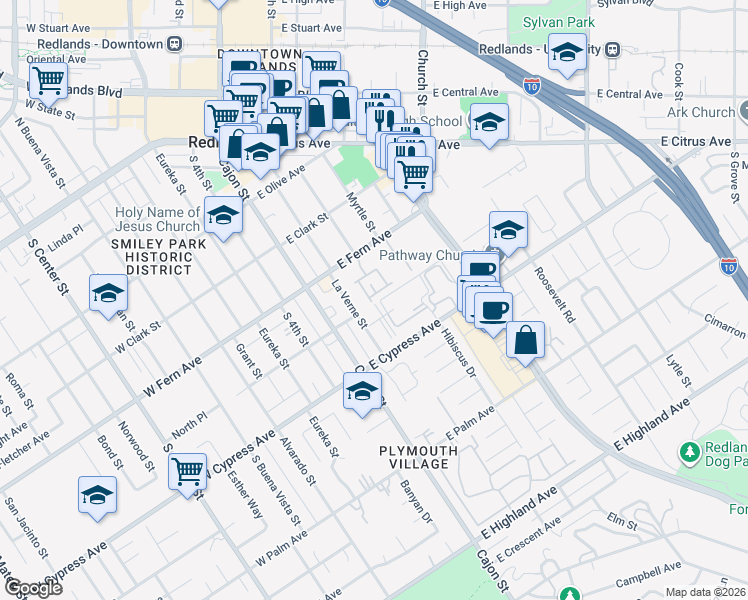 map of restaurants, bars, coffee shops, grocery stores, and more near 434 Sonora Circle in Redlands