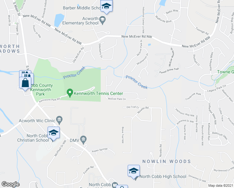 map of restaurants, bars, coffee shops, grocery stores, and more near 4138 McEver Park Drive in Acworth