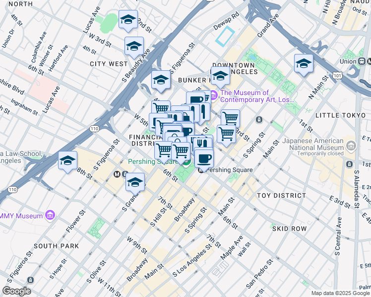 map of restaurants, bars, coffee shops, grocery stores, and more near 555 West 5th Street in Los Angeles