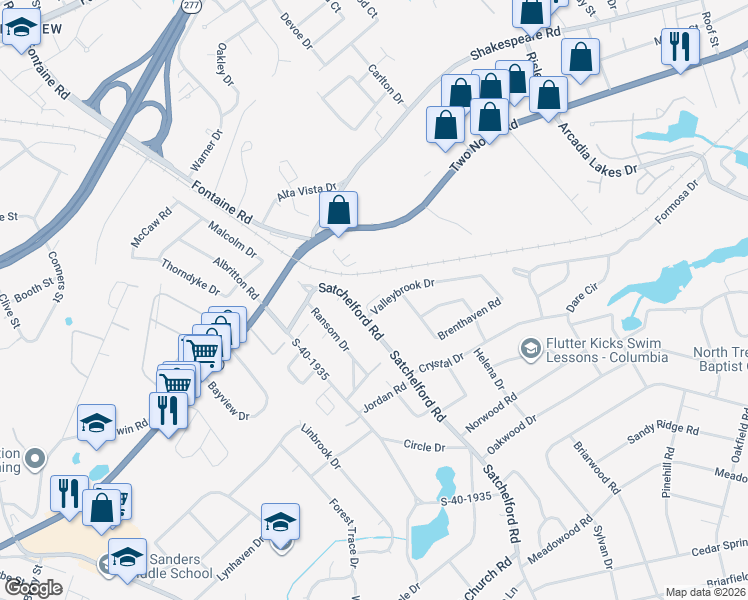 map of restaurants, bars, coffee shops, grocery stores, and more near 6821 Valleybrook Drive in Columbia