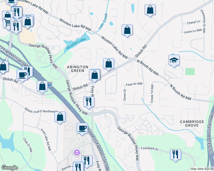 map of restaurants, bars, coffee shops, grocery stores, and more near 907 Shiloh Ridge Run Northwest in Kennesaw