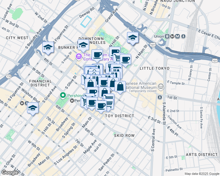 map of restaurants, bars, coffee shops, grocery stores, and more near 121 West 3rd Street in Los Angeles