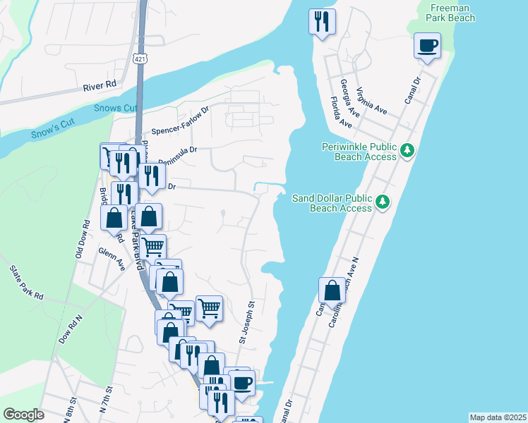 map of restaurants, bars, coffee shops, grocery stores, and more near 1324 St Joseph St in Carolina Beach