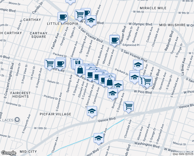 map of restaurants, bars, coffee shops, grocery stores, and more near 1363 Masselin Avenue in Los Angeles