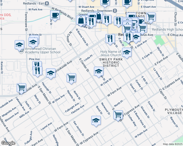 map of restaurants, bars, coffee shops, grocery stores, and more near 137 South Center Street in Redlands