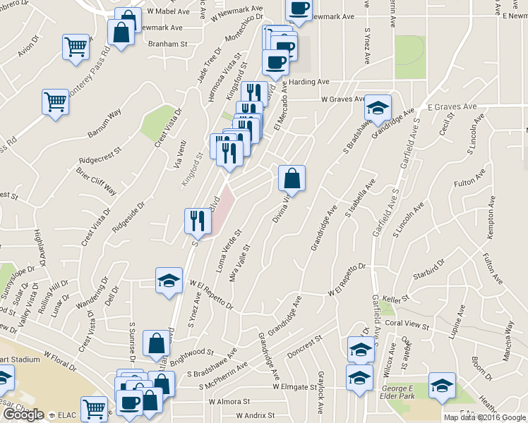 map of restaurants, bars, coffee shops, grocery stores, and more near 845 Mira Valle Street in Monterey Park