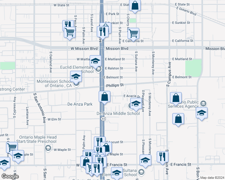 map of restaurants, bars, coffee shops, grocery stores, and more near 200 East Phillips Street in Ontario