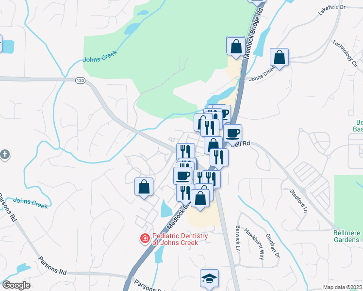 map of restaurants, bars, coffee shops, grocery stores, and more near 6130 Abbotts Bridge Road in Johns Creek