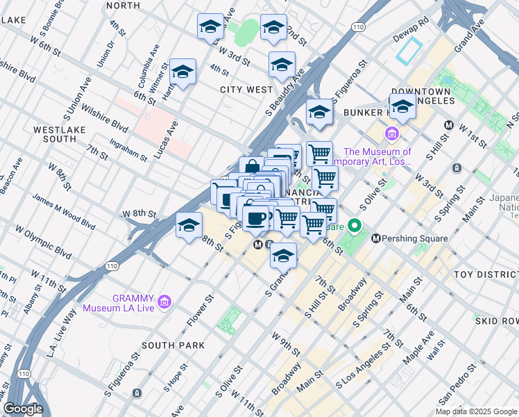 map of restaurants, bars, coffee shops, grocery stores, and more near 616 South Figueroa Street in Los Angeles