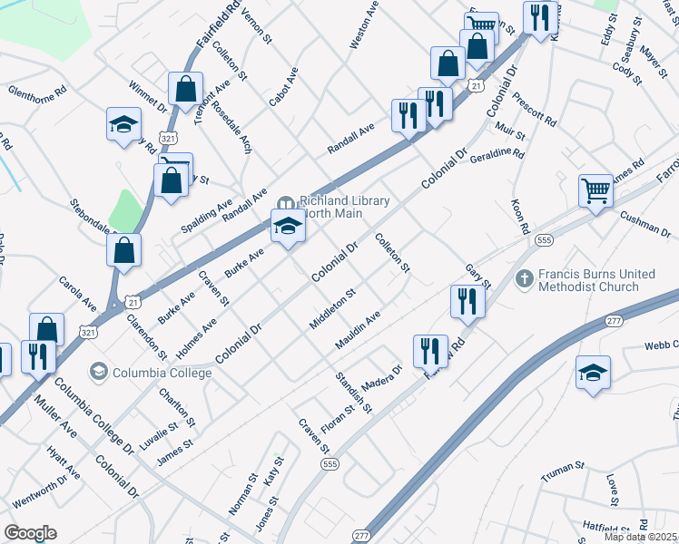 map of restaurants, bars, coffee shops, grocery stores, and more near 5316 Colonial Drive in Columbia