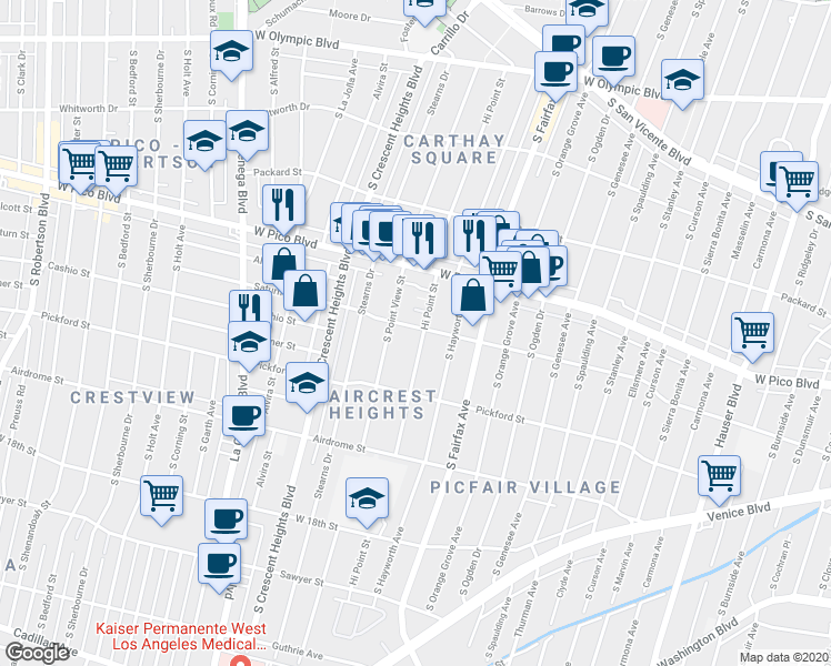 map of restaurants, bars, coffee shops, grocery stores, and more near 1501 Hi Point Street in Los Angeles