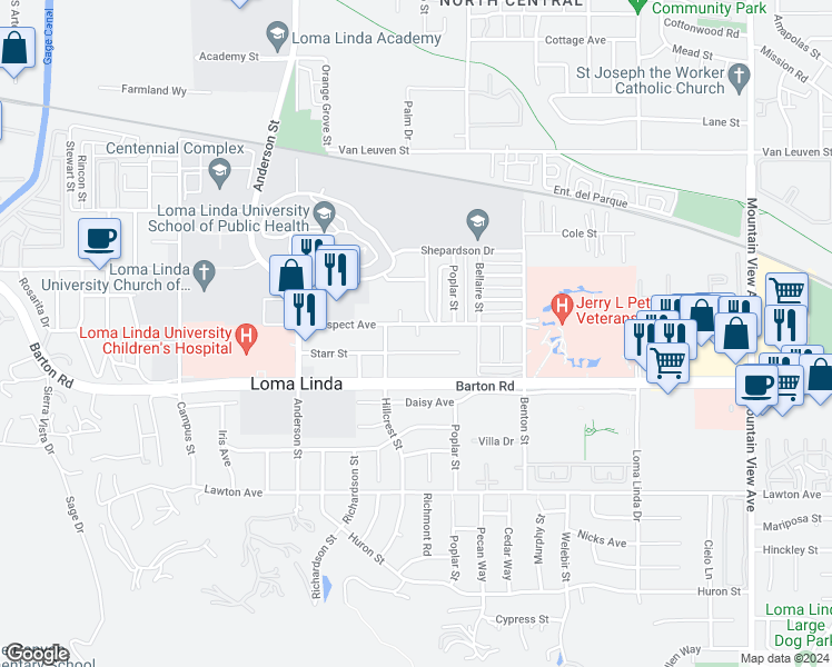map of restaurants, bars, coffee shops, grocery stores, and more near 25107 Prospect Avenue in Loma Linda