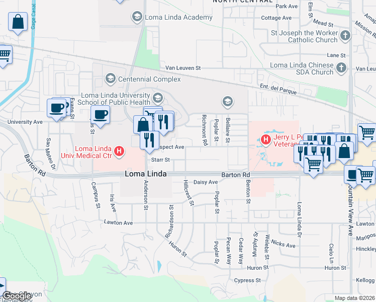 map of restaurants, bars, coffee shops, grocery stores, and more near 25045 Prospect Avenue in Loma Linda