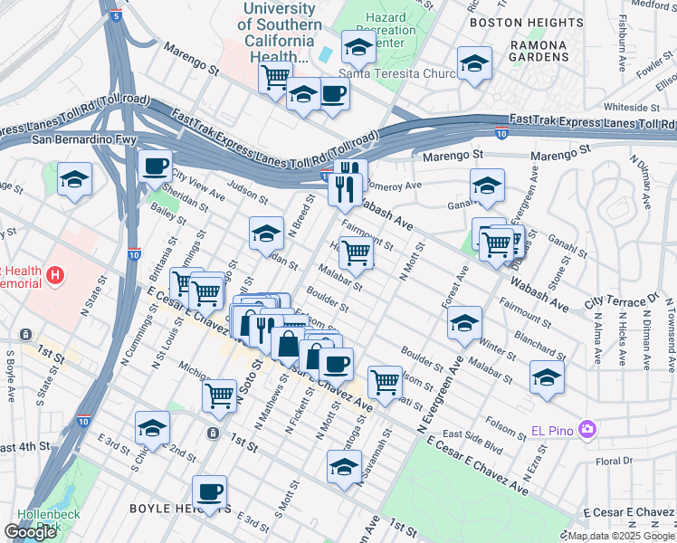 map of restaurants, bars, coffee shops, grocery stores, and more near 2431 Malabar Street in Los Angeles