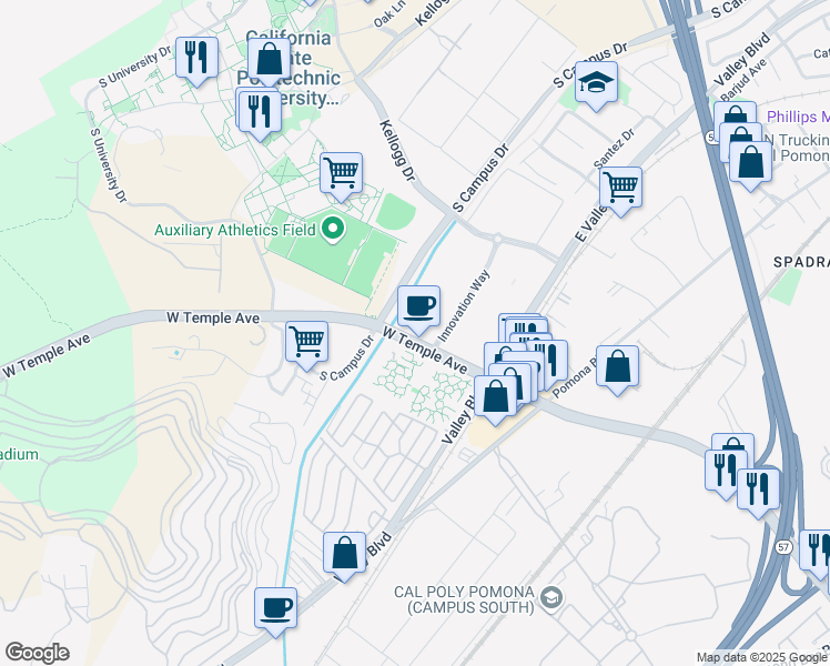 map of restaurants, bars, coffee shops, grocery stores, and more near 3801 West Temple Avenue in Pomona