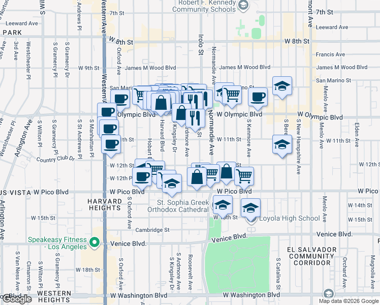 map of restaurants, bars, coffee shops, grocery stores, and more near 1128 South Ardmore Avenue in Los Angeles