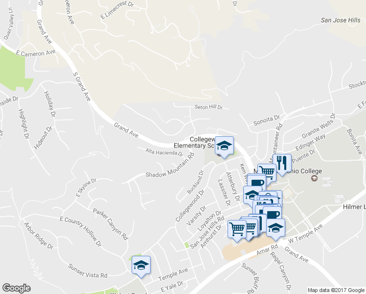 map of restaurants, bars, coffee shops, grocery stores, and more near 20555 Shadow Mountain Road in Walnut
