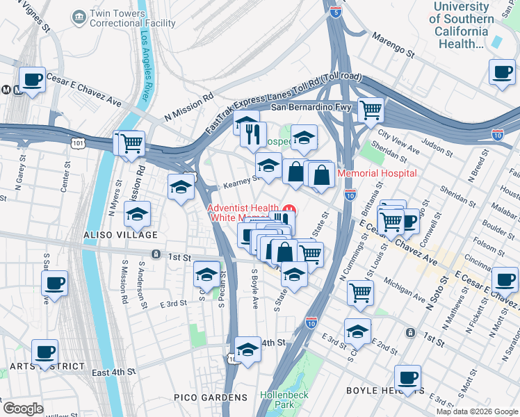 map of restaurants, bars, coffee shops, grocery stores, and more near 1609 Michigan Avenue in Los Angeles