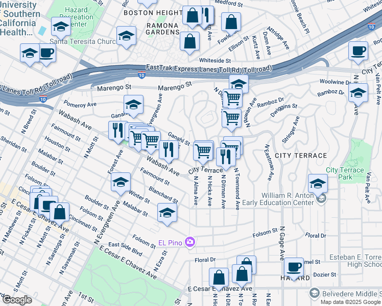 map of restaurants, bars, coffee shops, grocery stores, and more near 1064 Thornton Street in Los Angeles