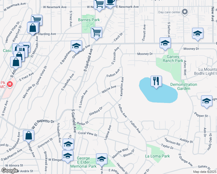 map of restaurants, bars, coffee shops, grocery stores, and more near 1165 Wilcox Avenue in Monterey Park