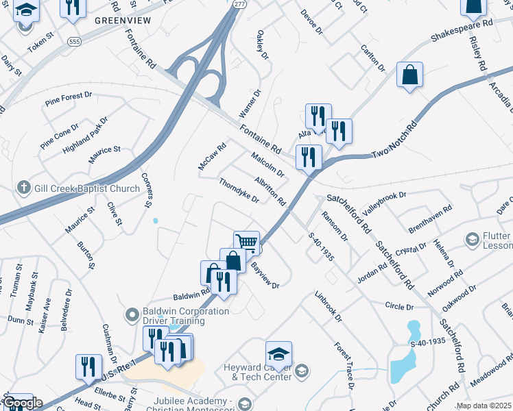 map of restaurants, bars, coffee shops, grocery stores, and more near 1623 Thorndyke Street in Columbia