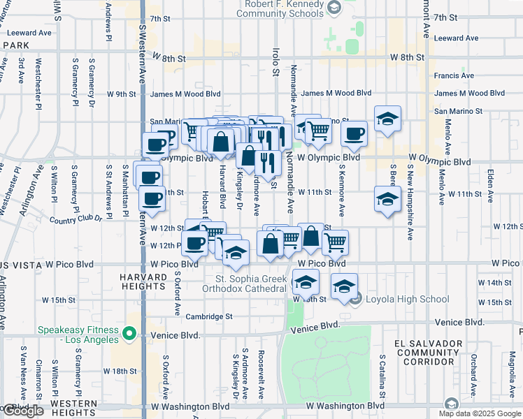map of restaurants, bars, coffee shops, grocery stores, and more near 1128 South Ardmore Avenue in Los Angeles