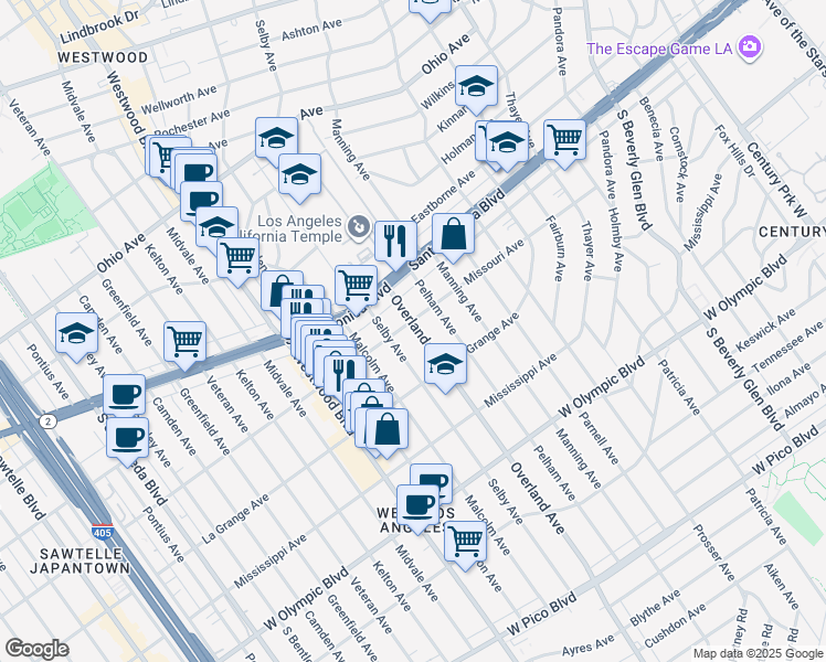 map of restaurants, bars, coffee shops, grocery stores, and more near 10750 Missouri Avenue in Los Angeles