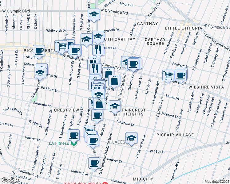 map of restaurants, bars, coffee shops, grocery stores, and more near 6082 Cashio Street in Los Angeles