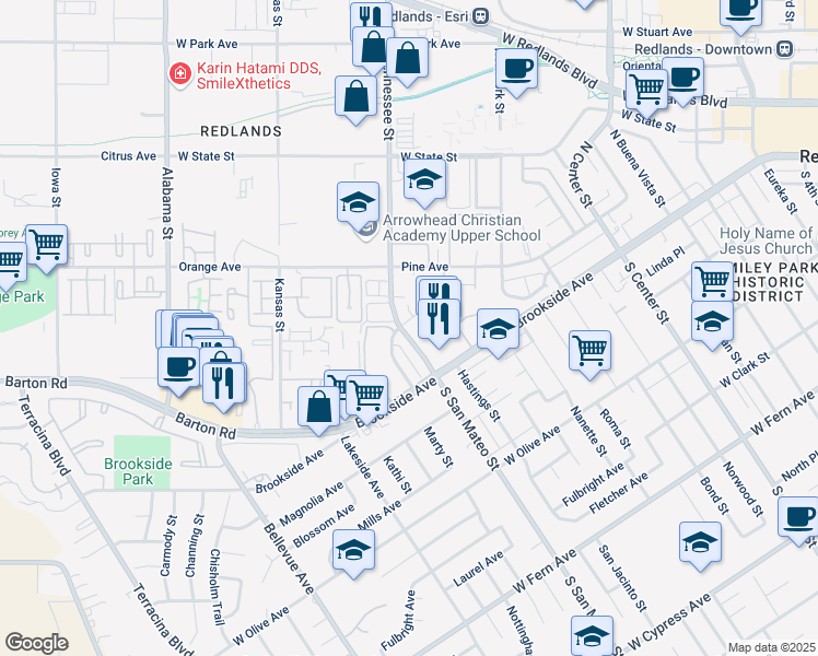 map of restaurants, bars, coffee shops, grocery stores, and more near 16 San Mateo in Redlands
