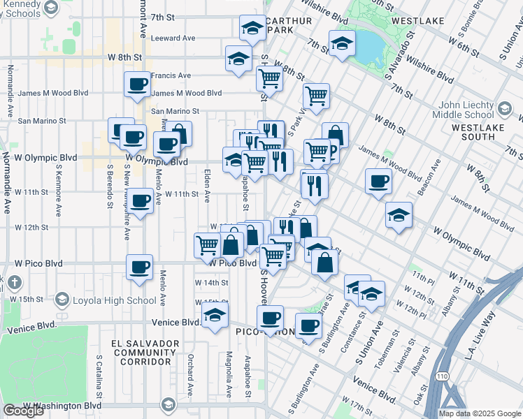 map of restaurants, bars, coffee shops, grocery stores, and more near 1157 South Hoover Street in Los Angeles