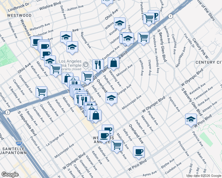 map of restaurants, bars, coffee shops, grocery stores, and more near 1927 Pelham Avenue in Los Angeles