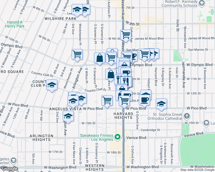 map of restaurants, bars, coffee shops, grocery stores, and more near 1131 South Saint Andrews Place in Los Angeles