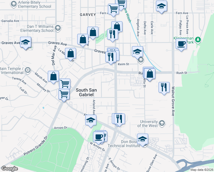 map of restaurants, bars, coffee shops, grocery stores, and more near 8162 Lake Knoll Drive in Rosemead