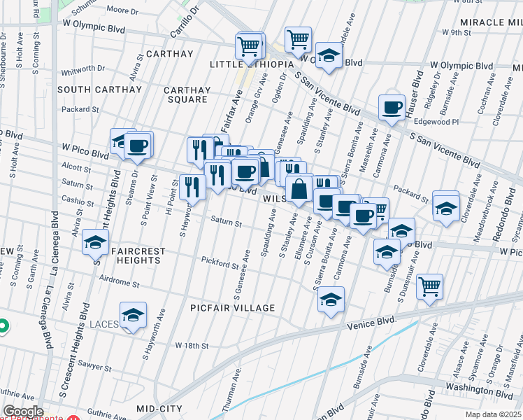 map of restaurants, bars, coffee shops, grocery stores, and more near 1428 South Genesee Avenue in Los Angeles