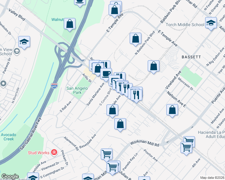 map of restaurants, bars, coffee shops, grocery stores, and more near 13200 Valley Boulevard in Avocado Heights