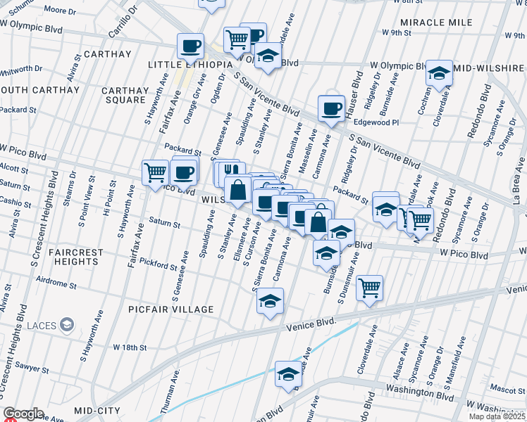 map of restaurants, bars, coffee shops, grocery stores, and more near 5555 West Pico Boulevard in Los Angeles