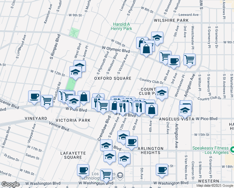 map of restaurants, bars, coffee shops, grocery stores, and more near 1191 Crenshaw Boulevard in Los Angeles
