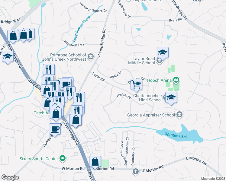 map of restaurants, bars, coffee shops, grocery stores, and more near 11005 Egmont Drive in Alpharetta