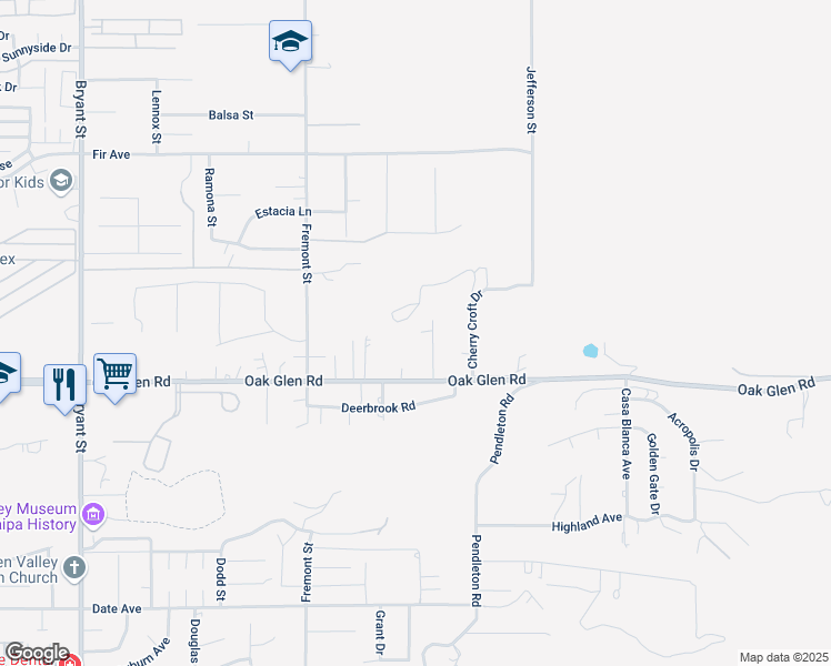 map of restaurants, bars, coffee shops, grocery stores, and more near 35892 Oak Glen Road in Yucaipa