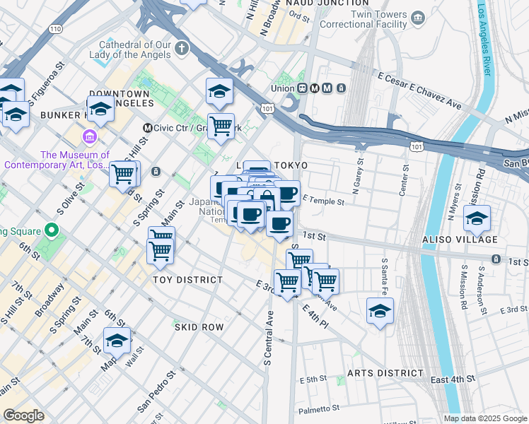 map of restaurants, bars, coffee shops, grocery stores, and more near in Los Angeles