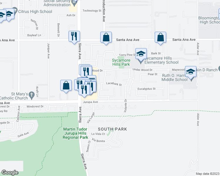 map of restaurants, bars, coffee shops, grocery stores, and more near 17106 Red Cedar Court in Fontana