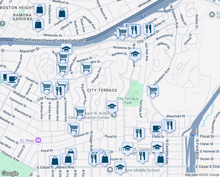 map of restaurants, bars, coffee shops, grocery stores, and more near 1100 Geraghty Avenue in Los Angeles