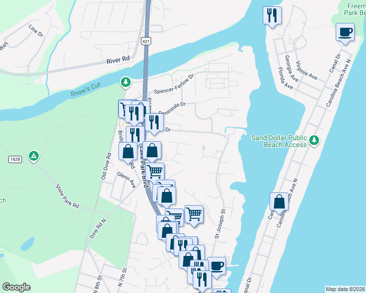 map of restaurants, bars, coffee shops, grocery stores, and more near 405 Jarrett Bay Drive in Carolina Beach