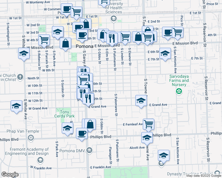 map of restaurants, bars, coffee shops, grocery stores, and more near 435 East 11th Street in Pomona
