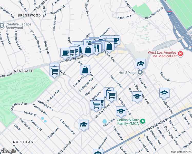 map of restaurants, bars, coffee shops, grocery stores, and more near 11854 Darlington Avenue in Los Angeles