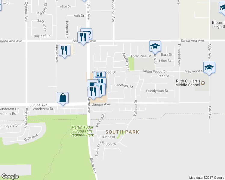 map of restaurants, bars, coffee shops, grocery stores, and more near 17060 Red Cedar Ct in Fontana
